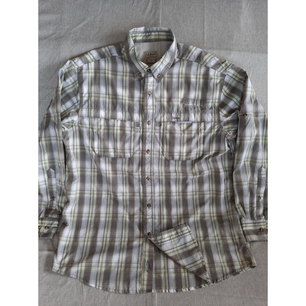 L.L. Bean Men Large Plaid Western Outdoor Vent Button Shirt LS Pocket NylonBlend